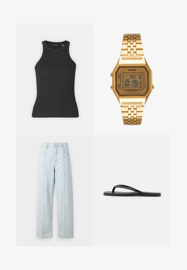 Crni rebrasti top bez rukava s visokom ovratnikom. Ima uski kroj i mekanu teksturu.; Svijetloplave denim široke traperice s visokim strukom, koje imaju dva prednja džepa, ravne šavove i vidljive detalje šivanja.; Crne japanke s minimalističkim dizajnom, ravnim đonom, uskim trakama i glatkom teksturom. Bez dodatnih uzoraka ili naglasaka.; Zlatni digitalni sat s pravokutnim brojčanikom, LCD zaslonom, nehrđajućim čeličnim remenom i gumbima sa strane. Ima oznaku otpornosti na vodu.