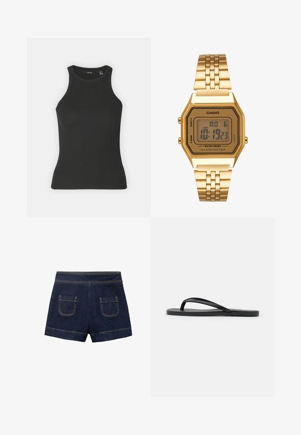 Top fără mâneci, negru, cu un guler înalt și un design cu textură riglată. Prezintă o siluetă ajustată și o textură moale.; Shorts din denim de culoare albastru închis, cu o talie ajustată, două buzunare la spate și cusături de culoare maro deschis pe margini. Vârful de jos este pliat.; Flip-flop negru cu un design minimalist, talpă plată, curele înguste și o textură netedă. Fără modele sau accente suplimentare.; Ceas digital auriu cu un cadran dreptunghiular, ecran LCD, bratara din otel inoxidabil si butoane pe lateral. Are eticheta de rezistenta la apa.