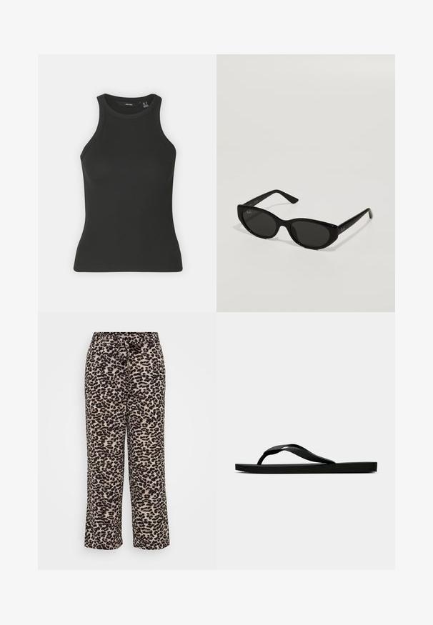 Black ribbed tank top with a high neckline and sleeveless design. Features a fitted silhouette and soft texture.; Wide-leg pants made of soft fabric, featuring a leopard print pattern in beige and black. Adjustable waistband with a tie detail.; Black rubber flip-flop sandal with a textured thong strap and simple flat sole, shown from side on a plain light background.; Black sunglasses with a narrow, cat-eye shape. Made of smooth plastic, featuring dark lenses and subtle logo accents on the temples.