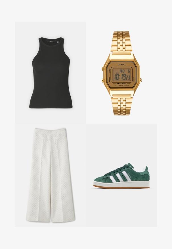 Schwarzes, geripptes Tanktop mit hochgeschlossenem Kragen und ärmellosem Design. Verfügt über eine figurbetonte Silhouette und eine weiche Textur.; sandro PANTALON - Stoffhose - ecru; Grüne Wildleder-Sneaker mit weißen Lederstreifen, Gummisohle, gepolsterter Kragen und minimalistischem Design. Mit Branding an der Seite.; Goldene Digitaluhr mit quadratischem Ziffernblatt, LCD-Display, Edelstahlarmband und Tasten an der Seite. Verfügt über eine wasserdichte Kennzeichnung.