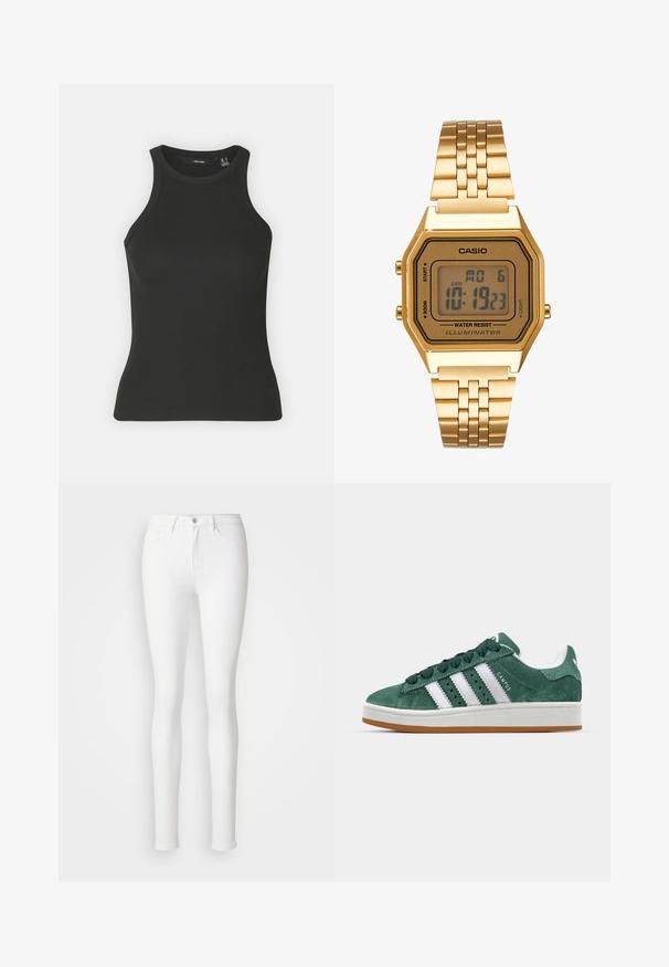 Top de tanque preto com nervuras, com um decote alto e design sem mangas. Apresenta uma silhueta ajustada e uma textura suave.; Jeans brancos justos feitos de uma mistura de algodão elástico, com bolsos frontais, fecho éclair e um único botão de fecho.; Tênis de camurça verde com riscas de couro branco, sola de borracha, colarinho acolchoado e design minimalista. Apresenta uma marcação na lateral.; Relógio digital dourado com um mostrador retangular, ecrã LCD, bracelete em aço inoxidável e botões laterais. Apresenta um rótulo de resistente à água.