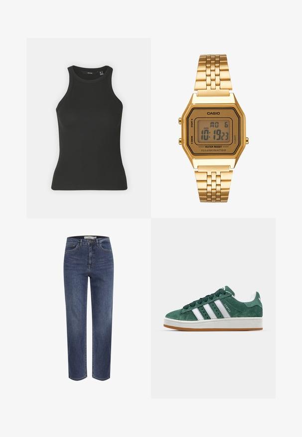 Top fără mâneci, negru, cu un guler înalt și un design cu textură riglată. Prezintă o siluetă ajustată și o textură moale.; Jeans din denim de culoare albastră închisă, cu un design drept, cinci buzunare și cusături clasice. Dispune de închidere cu nasture și bucle pentru cenieră.; Tenis verde din suede cu dungi albe din piele, talpă din cauciuc, guler căptușit și design minimalistic. Prezintă branding pe lateral.; Ceas digital auriu cu un cadran dreptunghiular, ecran LCD, bratara din otel inoxidabil si butoane pe lateral. Are eticheta de rezistenta la apa.