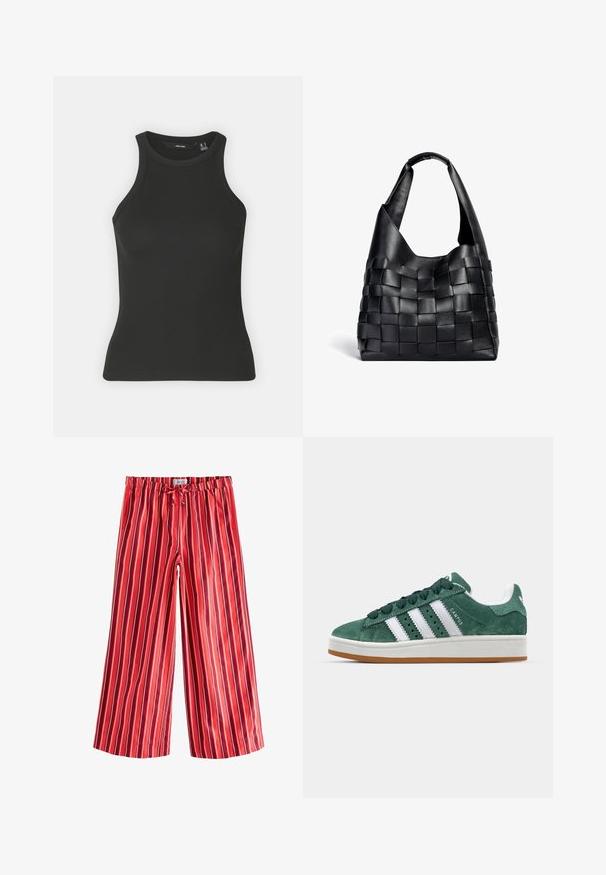 Sort ribbet tanktop med høj halsudskæring og ærmeløs design. Har en tætsiddende silhuet og blød tekstur.; Next ON STRIPE WIDE LEG - Bukser - red; Grønne ruskinds sneakers med hvide læderstriber, gummisål, polstret krave og minimalistisk design. Har branding på siden.; Sort læder vævet tote taske med en slasket form og bred skulderrem. Har et tekstureret, sammenflettet design med en glat overflade.