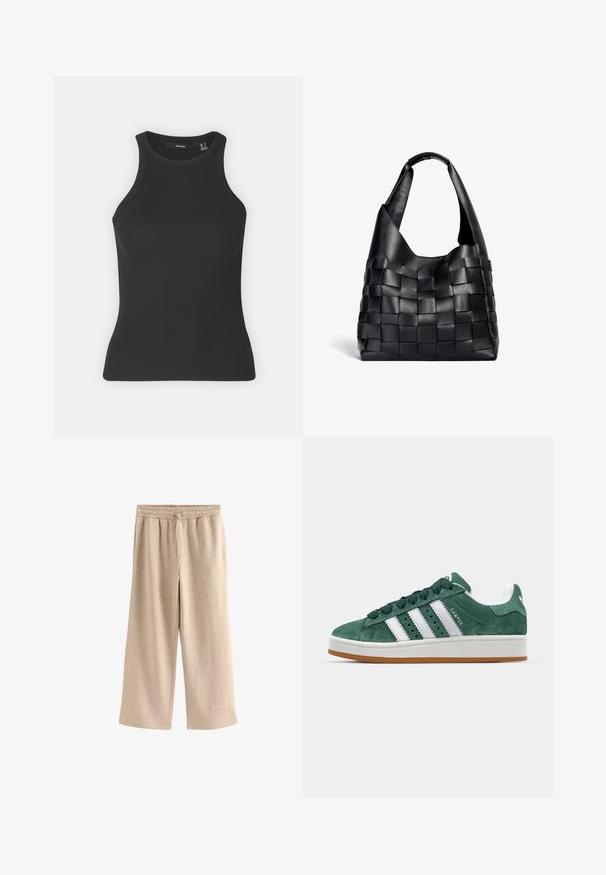 Must mustriba tank ülikond, millel on kõrge kaelus ja ilma varrukateta disain. Omab kaunist siluetti ja pehmet tekstuuri.; Kreemivärvi laiad püksid, mis on valmistatud pehmest puuvillasegust kangast. Omab elastset vöökohta koos nööriga ja õrna täpikestega tekstuuri.; Roheline sametist tossud valgete nahkrihmadega, kummist tallaga, pehmendatud kraega ja minimalistikku disainiga. Küljel on brändi tähistus.; Must mustrask käekott mustast nahast, millel on hõljuv kuju ja lai õlavarre rihm. Omab tekstuuri, punutud mustrit, mis on sileda pinnaga.