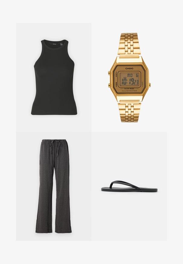 Top negro de canalé con escote alto y diseño sin mangas. Presenta una silueta ajustada y una textura suave.; Pantalones de pijama a rayas en blanco y negro, con cintura ajustable, piernas anchas y un tejido suave y texturizado con líneas verticales.; Chanclas negras con un diseño minimalista, suela plana, tiras estrechas y una textura suave. Sin patrones ni acentos adicionales.; Reloj digital dorado con cara rectangular, pantalla LCD, correa de acero inoxidable y botones en el lateral. Presenta una etiqueta de resistencia al agua.