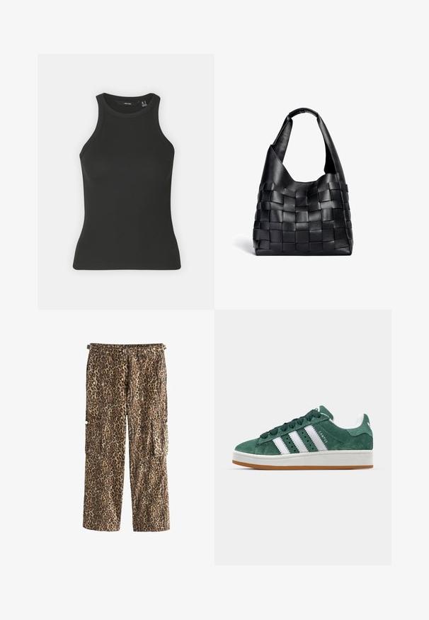 Melnas ribotas bez piedurknēm topiņš ar augstu kakla izgriezumu. Ievērojama pieguļoša silueta un mīksta tekstūra.; Leoparda raksta kravas bikses, kas izgatavotas no auduma ar teksturētu apdari, ar diviem sānu kabatām un taisnu kāju piegriezumu, ieskaitot jostas detaļu.; Zaļi samta kedu ar baltām ādas svītrām, gumijas zoli, mīkstinātu apkaklīti un minimālistisku dizainu. Satur zīmolu uz sāniem.; Melna ādas austā tote soma ar brīvu formu un plašu plecu siksnu. Aprīkota ar teksturētu, savītotu dizainu ar gludu apdari.