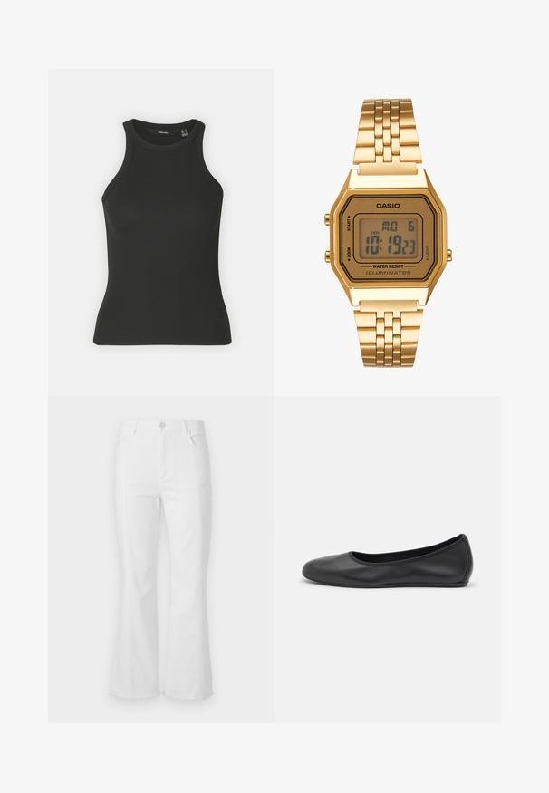 Juodas įrengtas marškinėliai su aukštu apykaklės iškirpimu ir be rankovių dizainu. Pasižymi prisitaikančiu siluetu ir švelnia tekstūra.; Baltos platėjančios džinsai su aukštu liemeniu, priekinėmis kišenėmis ir neapdirbtu kraštu. Pagaminti iš džinsinio audinio su lygiu paviršiumi ir minimalistine siuvimo detale.; Juodai odiniai baletai su apvaliu pirštu, lygi texture, minimalus siuvimo detales ir lanksčiu padų dizainu.; Auksinis skaitmeninis laikrodis su stačiakampiu ciferblatu, LCD ekranu, nerūdijančio plieno apyranke ir šoninėmis mygtukais. Yra nurodytas vandeniui atsparus ženklas.