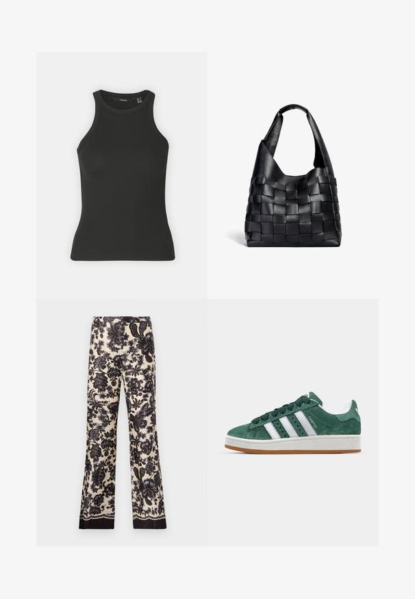 Črni rebrasti top brez rokavov z visokim ovratnikom. Ima prilegajočo silhueto in nežen otip.; Hlače širokega kroja z cvetličnim vzorcem v kremni barvi z črnimi odtenki. Imajo svilen otip in kontrastni temni rob na dnu.; Zeleni semiš športni copat z belimi usnjenimi črtami, gumijastim podplatom, oblazinjenim ovratnikom in minimalističnim dizajnom. Na strani je oznaka blagovne znamke.; Črna usnjena torba za rame s pletenim vzorcem in ohlapno obliko ter širokim naramnim trakom. Ima teksturiran, prepleten dizajn s gladkim zaključkom.
