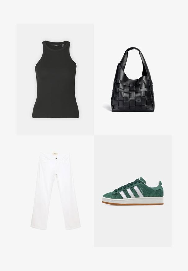 Črni rebrasti top brez rokavov z visokim ovratnikom. Ima prilegajočo silhueto in nežen otip.; Beli široke kavbojke iz belega bombaža z gumbom in petimi žepi. Gladka tekstura s šivanim detajlom in ravno silhueto.; Zeleni semiš športni copat z belimi usnjenimi črtami, gumijastim podplatom, oblazinjenim ovratnikom in minimalističnim dizajnom. Na strani je oznaka blagovne znamke.; Črna usnjena torba za rame s pletenim vzorcem in ohlapno obliko ter širokim naramnim trakom. Ima teksturiran, prepleten dizajn s gladkim zaključkom.