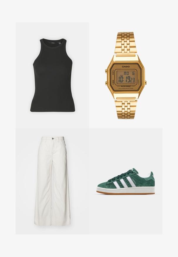 Must mustriba tank ülikond, millel on kõrge kaelus ja ilma varrukateta disain. Omab kaunist siluetti ja pehmet tekstuuri.; Valged laiad püksid, mis on valmistatud denimist, kõrge vöökohaga, ees nupuga kinnitamine ja puhas, sirge lõige, ilma mustriteta.; Roheline sametist tossud valgete nahkrihmadega, kummist tallaga, pehmendatud kraega ja minimalistikku disainiga. Küljel on brändi tähistus.; Kuldne digitaalkell, millel on ristkülikukujuline nägu, LCD-ekraan, roostevabast terasest rihm ja küljel nupud. Sisaldab veekindluse märgistust.