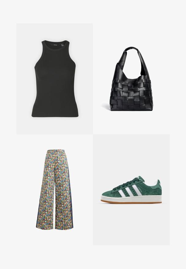 Sort ribbet tanktop med høj halsudskæring og ærmeløs design. Har en tætsiddende silhuet og blød tekstur.; Breddebenede blomsterbukser med en blå baggrund, der har et farverigt mønster af røde, gule og blå blomster samt en elastisk talje.; Grønne ruskinds sneakers med hvide læderstriber, gummisål, polstret krave og minimalistisk design. Har branding på siden.; Sort læder vævet tote taske med en slasket form og bred skulderrem. Har et tekstureret, sammenflettet design med en glat overflade.