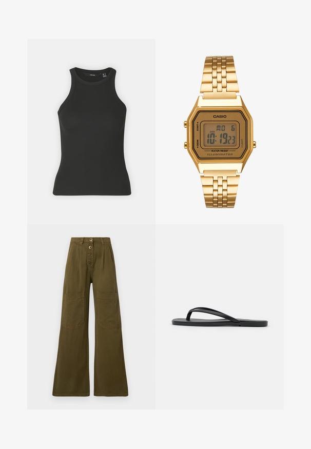 Svart ribbad linne med hög krage och utan ärmar. Har en figurnära siluett och mjuk textur.; Breda, olivgröna byxor i bomull. Har hög midja, fyra stora fickor och en femknappslås framtill med synlig sömnad.; Svart flip-flop med en minimalistisk design, platt sula, smala remmar och en slät yta. Inga ytterligare mönster eller detaljer.; Guld digital klocka med rektangulärt urtavla, LCD-display, armband i rostfritt stål och knappar på sidan. Har en vattenresistent märkning.