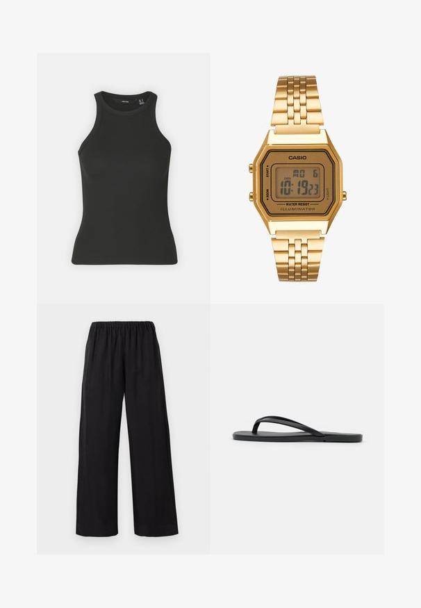 Sort ribbet tanktop med høj halsudskæring og ærmeløs design. Har en tætsiddende silhuet og blød tekstur.; Sorte brede bukser med et blødt, letvægts stof, der har en elastisk talje og syet kant, som giver en afslappet pasform.; Sorte flip-flop med et minimalistisk design, flad sål, smalle stropper og en glat tekstur. Ingen yderligere mønstre eller accenter.; Guld digitalt ur med rektangulært urglas, LCD-display, rustfrit stålarmbånd og knapper på siden. Har et vandtæt mærke.