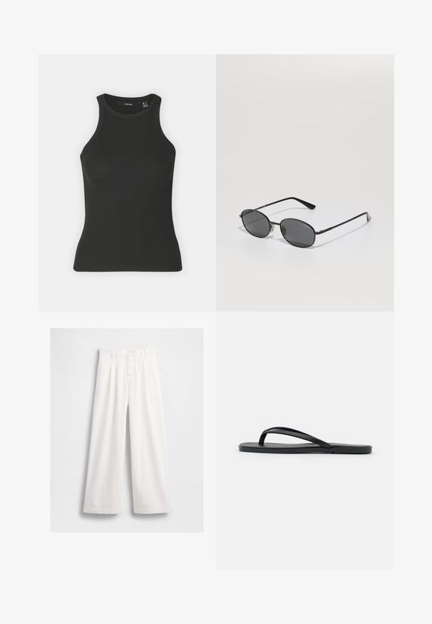 Sort ribbet tanktop med høj halsudskæring og ærmeløs design. Har en tætsiddende silhuet og blød tekstur.; Hvide bukser med bred ben, lavet af et glat stof, med høj talje, synlig frontknaplukning og pæne sømme langs kanterne.; Sorte flip-flop med et minimalistisk design, flad sål, smalle stropper og en glat tekstur. Ingen yderligere mønstre eller accenter.; Sorte ovale solbriller med mørke linser, tynd metalramme og lige stænger. Har brandlogo på den indre arm og næsepuder.; Guld digitalt ur med rektangulært urglas, LCD-display, rustfrit stålarmbånd og knapper på siden. Har et vandtæt mærke.