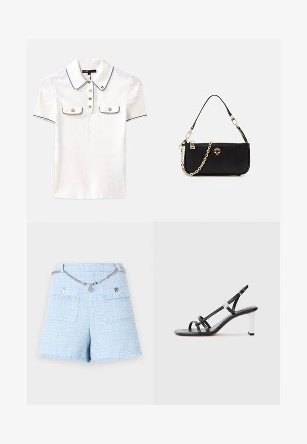 Biely pruhovaný polo tričko s golierom, s námorníckym lemovaním, zlatými gombíkmi a dvoma malými klopovými vreckami vpredu.; Modré tweedové šortky s frakovým okrajom, s dvoma prednými vreckami a strieborným reťazovým opaskom. Textúrovaná tkanina s variáciou tkaných farieb.; Čierne sandále na vysokom opätku s viacerými úzkymi popruhmi, dizajnom so slingbackom a so strieborným akcentom na opätku. Hladký vrchný materiál a štvorcový opätok.; Čierna kabelka s hladkou textúrou, vybavená zlatým reťazovým popruhom, zipsom a dekoratívnym zlatým emblémom vpredu.