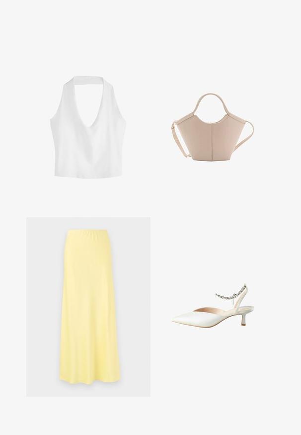 Top crop alb fără mâneci, cu un decolteu adânc în V, realizat dintr-un material neted, având o croială simplă și minimalistă.; Fustă galbenă, până la genunchi, realizată dintr-un material neted cu o talie elastică, având un design evazat și fără modele sau elemente de metal vizibile.; Pantof de tip slingback alb, cu vârful ascuțit și toc kitten mic. Prezintă un accent cu lanț în jurul gleznei. Textură mată, netedă.; Geantă de mână bej din piele cu o formă unică, dotată cu două mânere scurte și o curea lungă ajustabilă. Textură netedă, cu hardware minim.