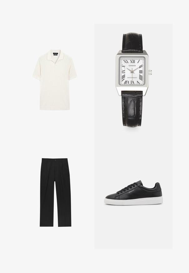 Polo-Shirt mit kurzen Ärmeln in Creme mit gerippter Textur und flachem Kragen. Verfügt über einen geraden Saum und ein weiches Material für hohen Tragekomfort.; Schwarze Hose mit geradem Schnitt, aus einem glatten Stoff gefertigt. Verfügt über Vorderfalten und einen einzelnen Knopfverschluss an der Taille.; GANT MC JULIEN - Sneaker low - black; Silbernes quadratisches Armband mit einem weißen Ziffernblatt, schwarzen römischen Ziffern und dem Text "WASSERDICHT". Schwarzes Lederarmband mit strukturiertem Finish.