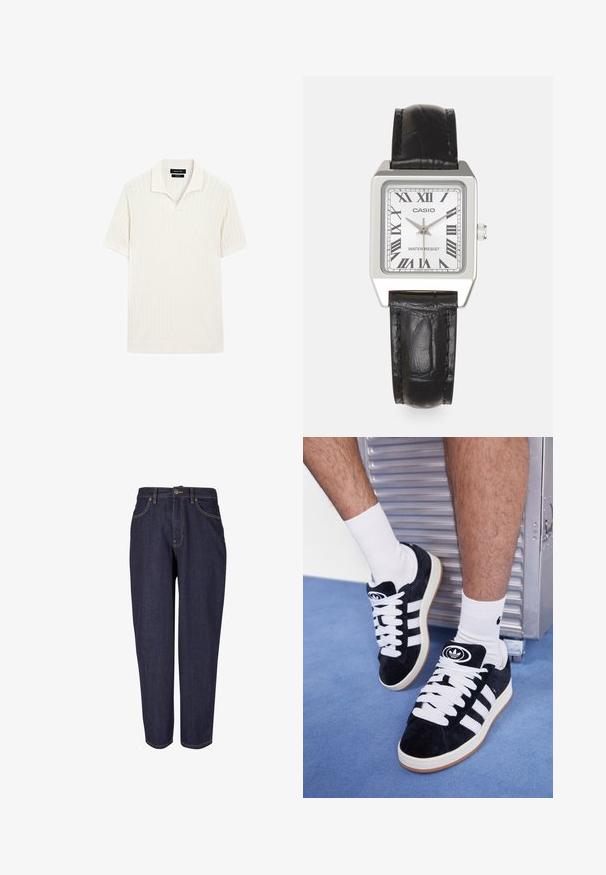 Korte mouwen polo shirt in crème met geribbelde structuur en een vlakke kraag. Heeft een rechte zoom en een zachte stof voor comfort.; Donkerdenim jeans met een recht gesneden ontwerp, voorzien van traditionele vijf-pocket styling, subtiele gouden stiksels en een metalen knoopsluiting.; Zwarte suède sneakers met witte veters en drie witte strepen. Heeft een cirkelvormig zwart logo op de tong en een gumrubberen zool.; Zilveren vierkante horloge met een witte wijzerplaat, zwarte Romeinse cijfers en de tekst "WATER RESIST". Zwarte leren band met een gestructureerde afwerking.