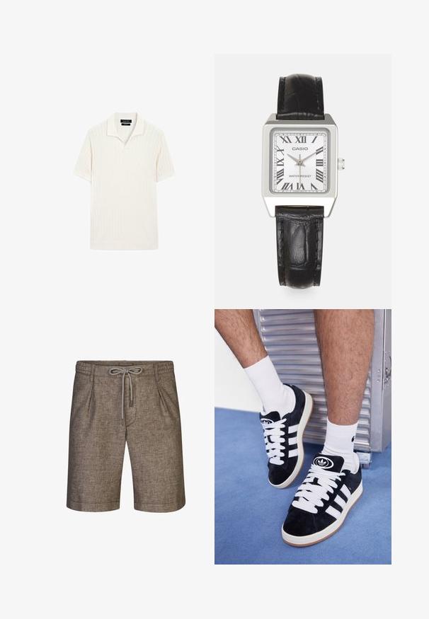 Koszulka polo z krótkim rękawem w kolorze kremowym, o ryżowym splocie i płaskim kołnierzyku. Posiada prosty dół oraz miękki materiał dla wygody.; Brązowe splatane szorty z elastycznym pasem, regulowanym sznurkiem i kieszeniami po bokach. Wykonane z teksturowanej, lekko melanżowej tkaniny.; Czarne zamszowe sneakersy z białymi sznurówkami i trzema białymi paskami. Posiadają okrągłe czarne logo na języku i gumową podeszwę.; Srebrny kwadratowy zegarek z białą tarczą, czarnymi cyframi rzymskimi i napisem "ODPORNY NA WODĘ". Czarny skórzany pasek o fakturowanej powierzchni.