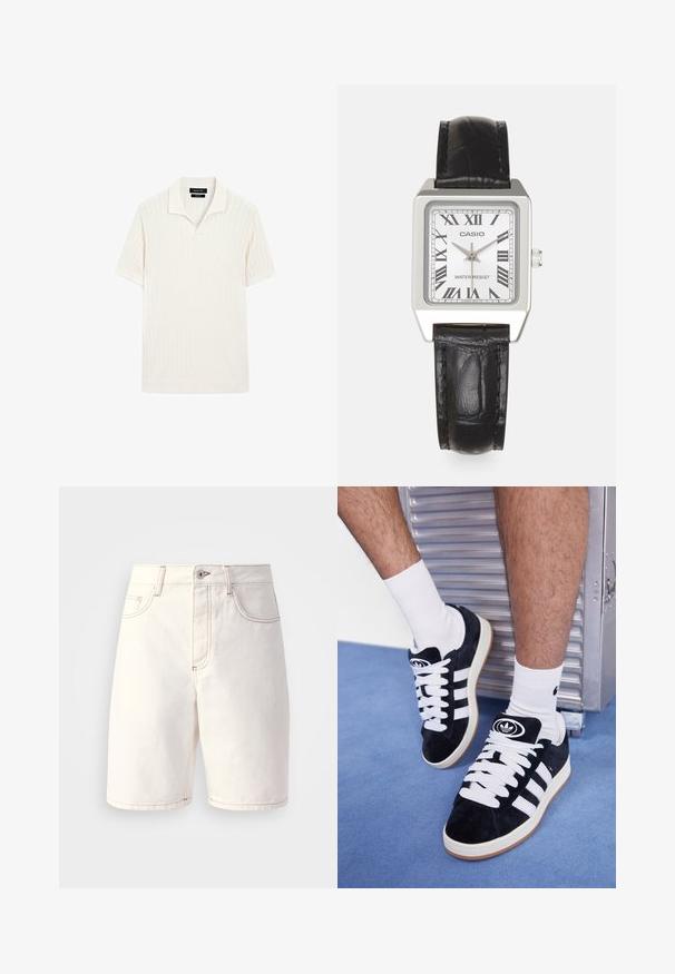 Polo à manches courtes en crème avec texture côtelée et col plat. Présente un ourlet droit et un matériau doux pour le confort.; Shorts en denim blanc à coupe droite, dotés de cinq poches, de coutures oranges et d'une fermeture éclair avec un bouton unique.; Baskets en suede noir avec des lacets blancs et trois rayures blanches. Présente un logo circulaire noir sur la languette et une semelle en caoutchouc beige.; Montre carrée argentée avec un cadran blanc, des chiffres romains noirs et le texte "WATER RESIST". Bracelet en cuir noir avec une finition texturée.