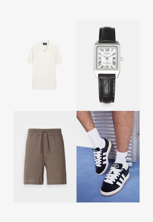 Short-sleeve polo shirt in cream with ribbed texture and a flat collar. Features a straight hem and soft material for comfort.; Brown cotton blend shorts with an elastic waistband, adjustable drawstring, and side pockets. Features contrast stitching and a logo patch.; Black suede sneakers with white laces and three white stripes. Features a circular black logo on the tongue and a gum rubber sole.; Silver square watch with a white face, black Roman numerals, and "WATER RESIST" text. Black leather strap with a textured finish.