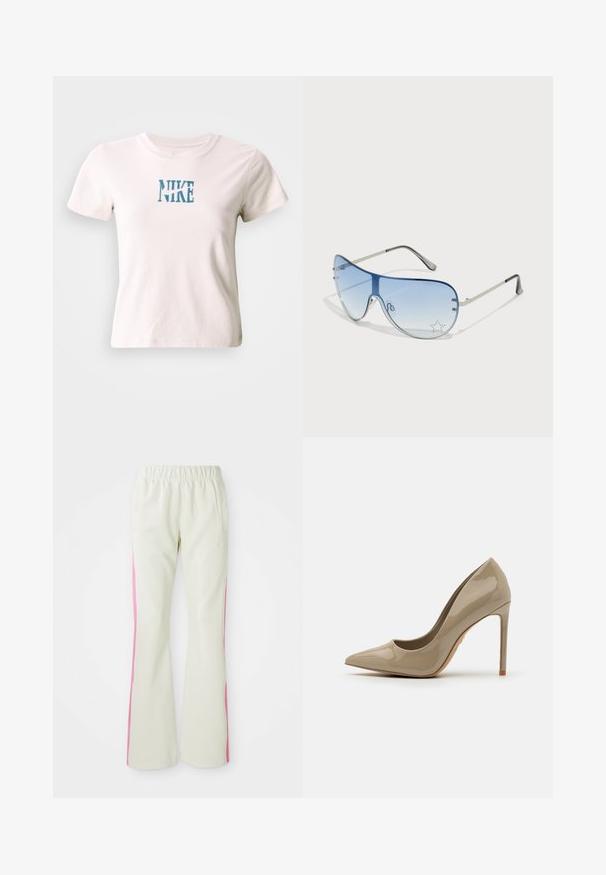 Short-sleeve white cotton t-shirt featuring blue embroidered "NIKE" logo at center. Crew neck with a regular fit. Soft texture.; Light beige pants with an elastic waistband, featuring pink side panels and side pockets. Smooth texture with a straight-leg design.; Beige patent leather high heel shoe with a pointed toe, sleek silhouette, and a stiletto heel. Smooth texture with minimal detailing.; Aviator sunglasses featuring a gradient blue lens, silver metal frame, and decorative star accents on the lens. Smooth and sleek design.