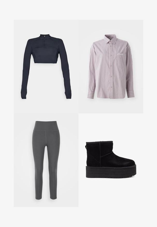 Temno modra dolga majica s kratkimi rokavi in polo ovratnikom ter četrtinskim zadrgo, ki vključuje teksturirane panele na rami in prilegajočo silhueto.; Srajca s preklopom v sivkastem lila odtenku z navpičnimi temno sivimi črtami. Ima majhen žep na prsih in vezeno logo na levi strani.; Sive visoke legice iz raztegljivega, gladkega materiala z ravnimi šivi in prilagojenim dizajnom, primerne za aktivno ali sproščeno nošenje.; Črne semiš gležnjarje z debelim podplatom in mehkimi podlogami. Zaključene z dekorativnimi šivi in zadnjim trakom za lažje obuvanje.