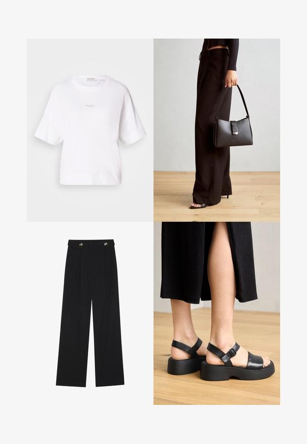 Valkoinen oversize-T-paita pehmeästä kankaasta, jossa on pyöreä kaula-aukko ja lyhyet hihat. Pienen logosuunnittelun printti etuosassa.; Mustat leveälahkeiset housut, joissa on korkea vyötärö, napit vyötärönauhassa ja etupuolella laskokset.; Musta nahkainen platform-sandaalit, joissa on säädettävät nilkkahihnat ja leveät etupanssarit, jotka sisältävät teksturoituihin pohjiin ja minimalistiseen muotoiluun.; Musta käsilaukku, jossa on rakenteellinen muoto, sileä pinta ja metallinen solki. Yhdistetty leveisiin mustiin housuihin ja avonaiheisiin sandaaleihin puulattialla.
