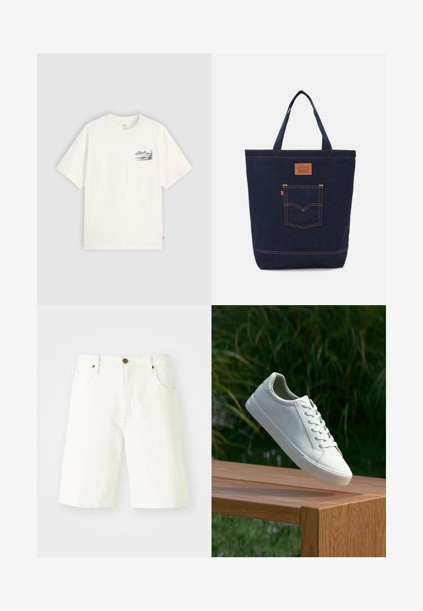 Bílý krátký rukáv tričko vyrobené z bavlny, s černým grafickým designem na levé straně hrudníku se slovem "Fresh."; Bílé džíny šortky s rovným střihem, klasickým pětipocket designem a uzavíráním na měděný knoflík. Hladký materiál a lemované okraje.; Bílé šněrovací tenisky, které se vznášejí nad dřevěnou lavicí, s zeleným listím v pozadí, předvádějící design a strukturu boty.; Džínová taška přes rameno v tmavě modré barvě s dvěma uchy, viditelným šitím a přední kapsou se standardním logem.