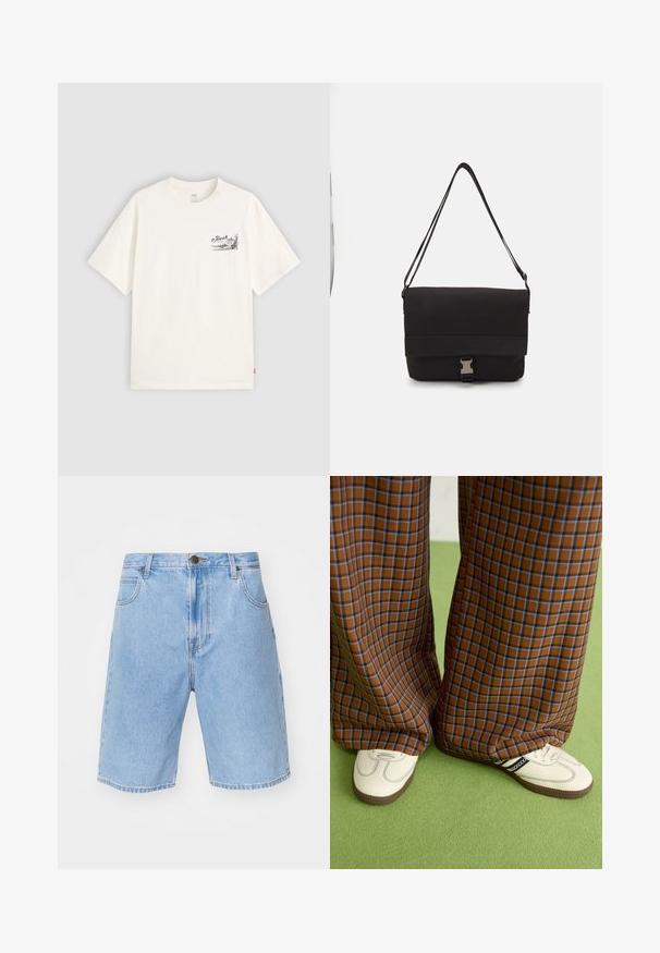 Fehér, rövid ujjú pamut póló, fekete grafikai dizájnnal a bal mellrészen, rajta a "Fresh" szóval.; Világoskék farmer sort klasszikus egyenes szabással, öt zsebbel és elöl gombos záródással. Diszkrét fakulás és varrási részletek jellemzik.; Barna és kék kockás, bőrt lábú nadrág, fehér cipővel, fekete részletekkel és texturált talppal, zöld háttér előtt.; Fekete üzenetküldő táska sima anyagból, hajtókás fedéllel, ezüst csattal és állítható vállpánttal.