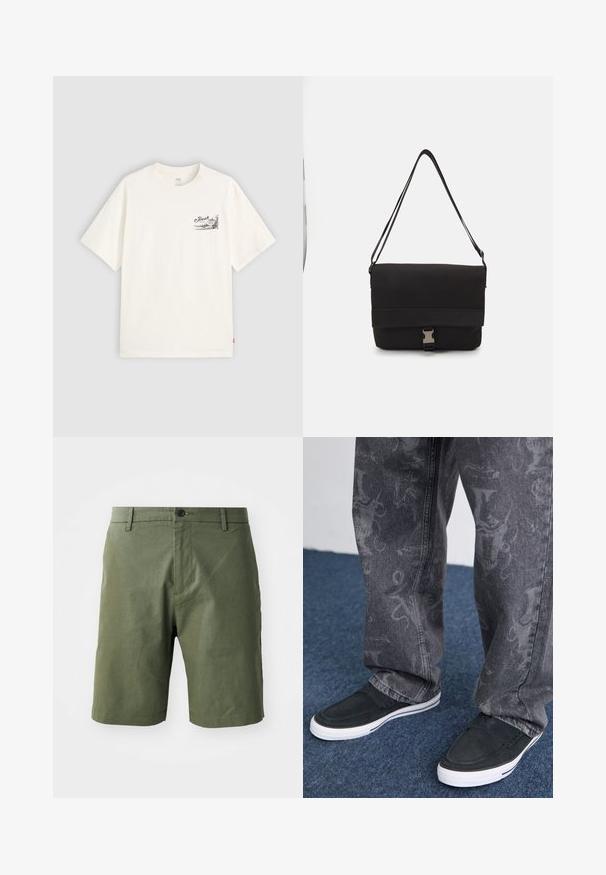 White short-sleeve t-shirt made of cotton, featuring a black graphic design on the left chest area with the word "Fresh."; Olive green shorts made from lightweight fabric, featuring a flat front, belt loops, and a single button closure at the waist.; Black slip-on shoes with white sole, textured, paired with grey jeans featuring a subtle patterned design, set against a blue carpet background.; Black messenger bag made of smooth material, featuring a fold-over flap, silver clasp hardware, and an adjustable shoulder strap.