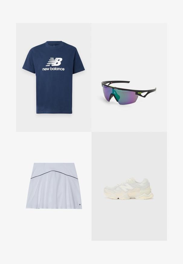 Tumesinine puuvillane T-särk lühikeste varrukatega ja ümmarguse kaelusega. Esipaneelil on valge "NB" logo ja "new balance" tekst.; Valge sportlik seelik, millel on eenduv serv, ja sinine accentriba vööümber ning logo paremas alumises nurgas.; Kerge tenniseking, mille pealis on valmistatud võrgust ja seemisnahast pehmes kreemitoonis, koos paksu tallaga ja kolmemõõtmeliste aktsentidega.; Spordiprillid musta raami, suur gradient objektiiv, mis sisaldab lillat ja rohelist tooni, ning nurkadega disainielemendid logode detailidega.
