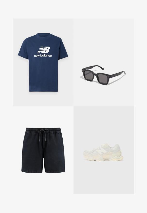 Sötétkék pamut póló rövid ujjakkal és kerek nyakkivágással. Az elején fehér "NB" logó és "new balance" felirat található.; Fekete rövidnadrág, rugalmas derékkal és zsinórral. Puha anyagból készült, oldalzsebekkel és egyenes szabású dizájnnal.; Könnyű sportcipő, amely hálós és velúr felsőrésszel rendelkezik, lágy krémszínű árnyalatokban, vastag talppal és háromdimenziós díszítésekkel.; Fekete téglalap alakú napszemüveg sötét lencsékkel, vastag kerettel, finom díszítésekkel az oldalán, és a márkanevet leszámítva látható logók nélkül.