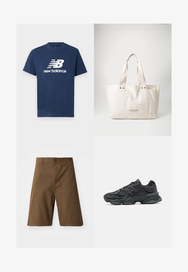 Marineblauw katoenen t-shirt met korte mouwen en een ronde hals. Beschikt over een witte "NB" logo en "new balance" tekst op de voorkant.; Bruine katoenen shorts met een rechte snit, voorzien van een voorste knoopsluiting, riemlussen en zijzakken. Gladde textuur en nette naden.; Zwarte hardloopschoen met een mix van mesh en synthetische materialen, een stevige zool, gebogen ontwerp en prominente branding op de zijkant.; Canvas draagtas in lichtbeige met twee stevige handvatten, contrasterende witte afwerking en het logo "THE NORTH FACE" in het zwart aan de voorkant.