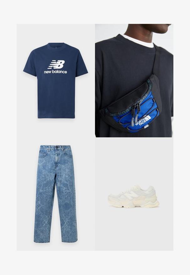 T-shirt in cotone blu navy con maniche corte e colletto rotondo. Presenta un logo bianco "NB" e il testo "new balance" sul davanti.; Jeans in denim blu acid washed con taglio dritto, chiusura frontale con bottone, passanti per cintura e cinque tasche.; Sneaker leggera con tomaia in rete e camoscio in morbide tonalità crema, dotata di una suola spessa e di accenti tridimensionali.; Borsa a tracolla nera in tessuto con pannello in rete blu, tasche con doppia zip e tracolla regolabile. Presenta il logo "The North Face" sul davanti.
