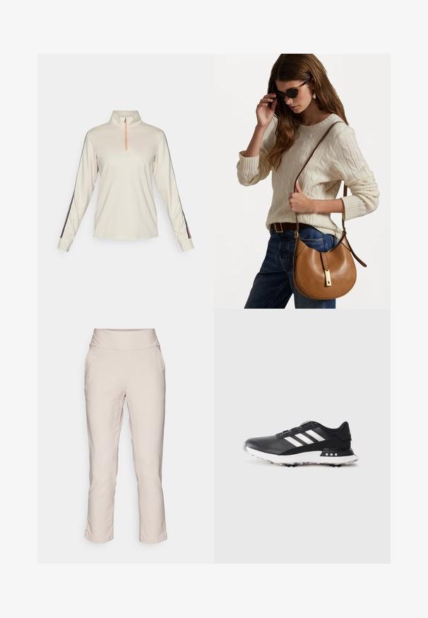 Pikkade varrukatega, heleda beeži värvi pullover, millel on veerandrihm ja kõrge krae, navy sinised külgtriibud ning oranžid aktsendid lukul.; Kerged beez värvi kitsenevad püksid laia vöökoha, pehme tekstuuri, küljetaskute ja keeratud servadega. Sobivad igapäevaseks või poolformaalseks kandmiseks.; Musthave musternike, millel on valged triibud, tekstureeritud pealmine osa, ümmargune varvas ja valge kummitald, millel on väikesed piigid haardeks.; Pruun nahkne õlavarre kott, millel on kaarekuju ja kuldne riistvara. Mudel kannab kreemikat soonikkoes sviitrit ja siniseid teksaseid.