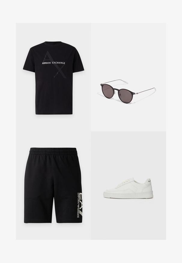 T-shirt preta de algodão com o logotipo branco "Armani Exchange", apresentando um elemento de design geométrico em preto. Decote redondo padrão e mangas curtas.; EA7 Emporio Armani TRAIN VISIBILITY - Calções - black/cream; Sapatilha de couro branco com acabamento suave, bico redondo, atacadores planos e uma sola texturizada. Apresenta um logotipo discreto no calcanhar.; Óculos de sol redondos pretos com lentes escuras e hastes metálicas finas. Inclui pontas de templo transparentes e detalhes em prata na dobradiça. Design minimalista.