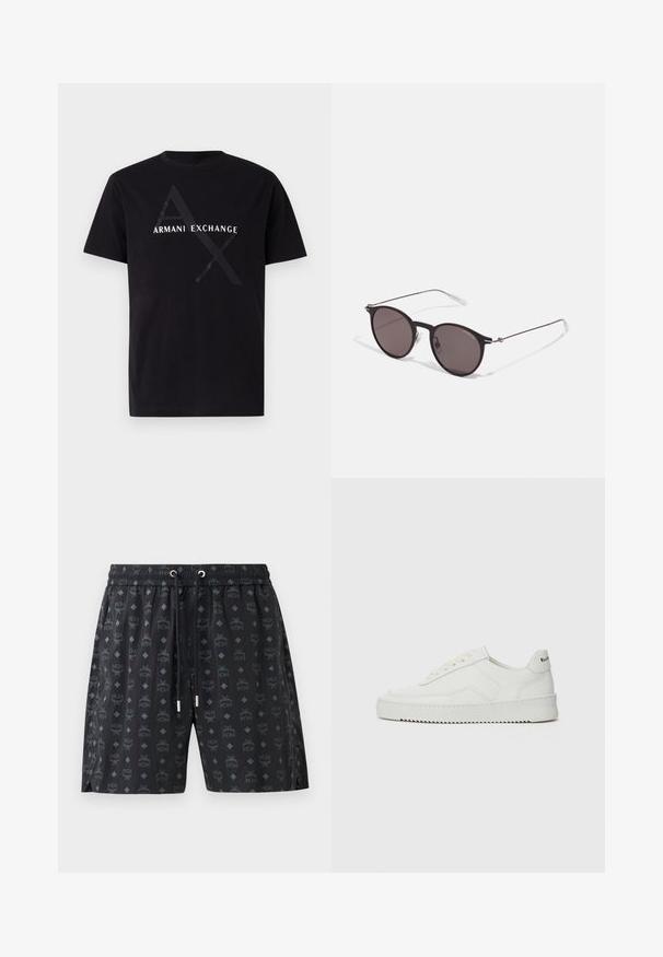 Zwarte katoenen T-shirt met een wit 'Armani Exchange' logo, met een geometrisch ontwerpelement in het zwart. Standaard ronde hals en korte mouwen.; Zwarte zwembroek met een herhaald logo-patroon en diamantvormen. Gemaakt van lichtgewicht materiaal, met een elastische tailleband en een trekkoord.; Witte leren sneaker met een gladde afwerking, ronde neus, platte veters en een gestructureerde zool. Kenmerkt zich door een subtiel logo op de hiel.; Zwarte ronde zonnebril met donkere lenzen en slanke metalen armen. Inclusief heldere tempelpunten en zilveren accenten bij de scharnier. Minimalistisch ontwerp.