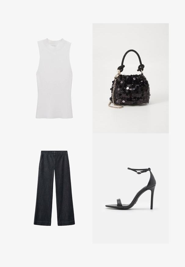 Bela brezrokavna rebrasta bluza z visokim ovratnikom in prilegajočim oblikovanjem, izdelana iz mehke, teksturirane tkanine.; Široke hlače iz temnega jeansa z gladko teksturo, sprednjimi žepi, zankami za pas in ravnim krojem, ki sega do gležnja.; Črne sandale s peto, odprte spredaj, s tankimi trakovi in zaponko okoli gležnja. Gladka usnjena tekstura z obliko koničastega prsta.; Črna mini torbica s palčkami iz bleščic, z vozlanim teksturiranim trakom in srebrnima verigama. Okrogla oblika z nabranim vrhom in odsevnimi detajli.
