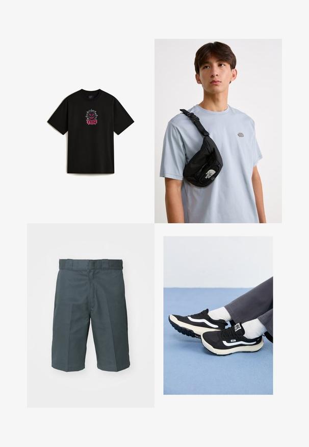 T-shirt in cotone nero con una grafica davanti che presenta un personaggio dei cartoni animati con spuntoni e la parola "VANS" in corsivo rosa. Maniche corte.; Pantaloni corti grigi scuri realizzati in un tessuto resistente. Presentano un taglio dritto classico, una parte anteriore piatta e passanti per la cintura standard. Senza tasche visibili.; Sneakers neri con dettagli bianchi, materiali in rete e gomma, caratterizzati da una suola testurizzata e una linguetta sul tallone. Indossati con calze bianche e pantaloni grigi.; Borsa a tracolla nera in nylon con tracolla regolabile, caratterizzata da un logo bianco prominente. Indossata su una t-shirt azzurro chiaro. Design semplice e funzionale.
