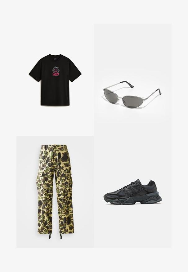 Schwarzes Baumwoll-T-Shirt mit einem Front-Graphic-Design, das einen spikes Cartoon-Charakter und das Wort "VANS" in pinker Schrift zeigt. Kurze Ärmel.; Herren Cargo-Hosen im geraden Schnitt mit grünem, braunem und beigem Camouflage-Muster, Knopfverschluss, Seitentaschen und Zugbändern an den Säumen.; Schwarzer Laufschuh mit einer Mischung aus Mesh- und sinthetischen Materialien, dicke Sohle, geschwungenes Design und auffälliger Markenkennzeichnung an der Seite.; Sonnenbrille mit einem schlanken, silbernen Metallrahmen, grauen getönten Gläsern und einem aerodynamischen Design mit spitzen Kanten und dünnen Bügeln.