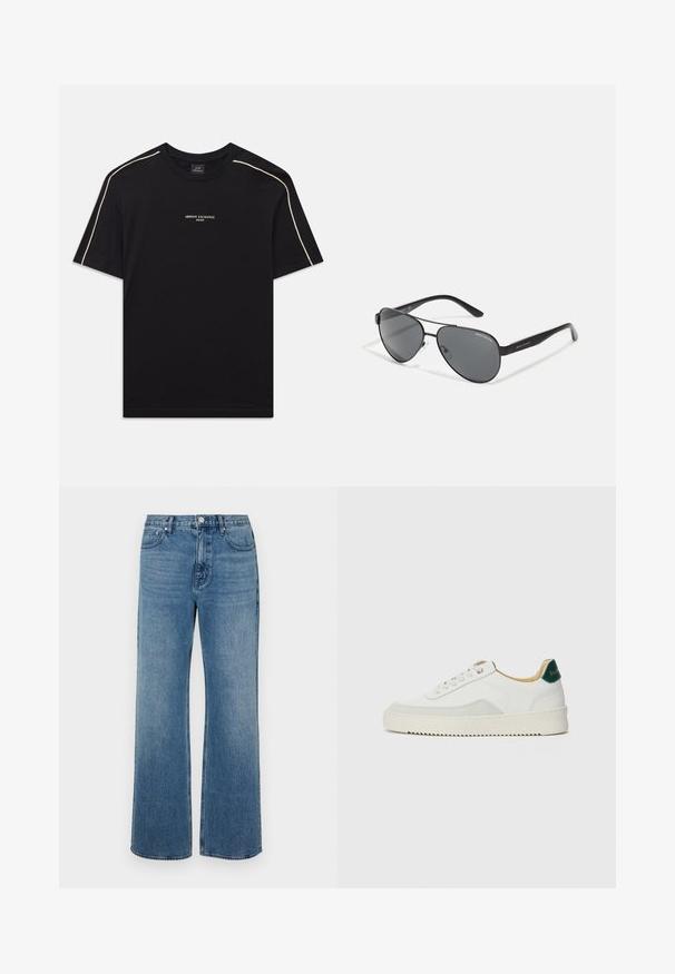 Svart bomulls t-skjorte med korte ermer, rund hals, beige detaljer på skuldrene, og ARMANI EXCHANGE-logoen i midten.; Bredde ben blå jeans laget av denim med en falmet finish. Har fem lommer, frontlukking med knapper og rett snitt.; Hvit sneakers med semsket detaljer, rund tå, flate snøringer og en kremfarget gummisåle. Har grønn merking på hælen.; Svarte pilotbriller med mørke linser, tynn metallramme og slanke plastarmer med logo aksenter.