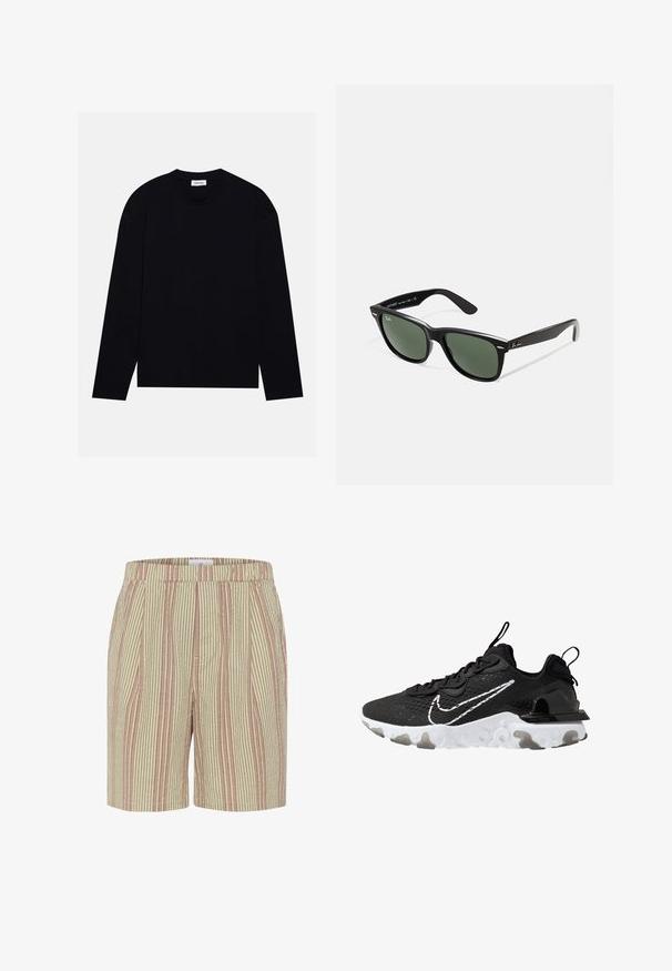 Černé dlouhé rukávy tričko s kulatým výstřihem, vyrobené z hladké látky. Má spadlé ramena a volný střih, s bočními rozparky na lemu.; Pruhované šortky v béžové a světle růžové barvě, s texturovanou tkaninou, elastickým pasem a bočními kapsami. Délka do poloviny stehen.; Černá sportovní bota s texturovaným textilním svrškem, bílým logem Nike a silnou bílou podrážkou. Obsahuje poutko na patě pro snadné obouvání.; Černé plastové sluneční brýle se zelenými skly, čtvercové obroučky, stříbrný detail na obočí a texturované stranice. Značka uvedená na vnitřní straně stranic.