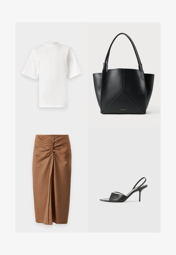 Fehér, rövid ujjú, pamut póló magas nyakkivágással és egyenes szabással. Nincsenek látható minták vagy díszítések. Az ujjaknál varrási részletek találhatóak.; Barna midi szoknya puha textúrával, oldalsó ráncolással és előlhasítékkal. Egyszerű dizájn sima felülettel, díszítések nélkül.; Fekete bőr, hátsó pántos, hegyes orrú magassarkú cipők vékony bokapánttal és stiletto sarkukkal. Az orrban csomózott részlet található.; Fekete bőr totes táska geometrikus mintával, két füllel és aranyszínű logóval az elején. Simább textúra és strukturált forma.