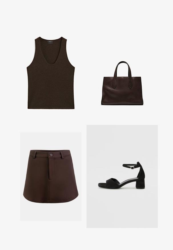 Mouwloze donkerbruine kasjmieren tanktop met ronde hals, plat gelegd.; OW Collection NATALIE - A-lijn rok - brown; Zwarte suede hakken met een dunne enkelband, open teen ontwerp en een bescheiden blokhak. Zachte textuur en minimale accenten.; Bruine leren tote bag met twee verlengde handvatten, gestructureerde rechthoekige vorm, gladde textuur en subtiele stiksels.