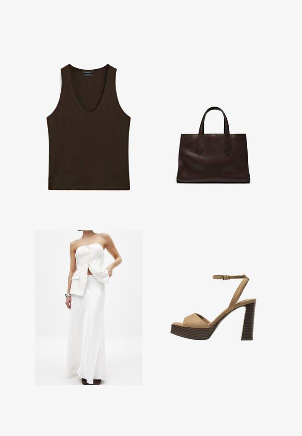 Mouwloze donkerbruine kasjmieren tanktop met ronde hals, plat gelegd.; Witte tweedelige outfit met een strapless top met knopen en zakken, gecombineerd met een lange, vloeiende rok. Gladde stof en strakke lijnen.; Beige suède hoge hakken sandalen met een brede voorband en enkelband, met een dikke houten blokhak met een gestructureerde afwerking.; Bruine leren tote bag met twee verlengde handvatten, gestructureerde rechthoekige vorm, gladde textuur en subtiele stiksels.