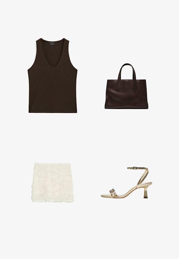 Mouwloze donkerbruine kasjmieren tanktop met ronde hals, plat gelegd.; Witte decoratieve deken met een textuurontwerp, gekenmerkt door opstaande stoffen rozen en een zachte, pluizige uitstraling.; Gouden metallic hoge hak sandaal met enkelbandje, twee smalle voorbanden en een blokhak. Beschikt over decoratieve versieringen.; Bruine leren tote bag met twee verlengde handvatten, gestructureerde rechthoekige vorm, gladde textuur en subtiele stiksels.; Gouden metalen oorbel met een slank, gebogen ontwerp. Beschikt over een kenmerkende puntige vorm, gepolijste oppervlakte en scharnier sluiting.