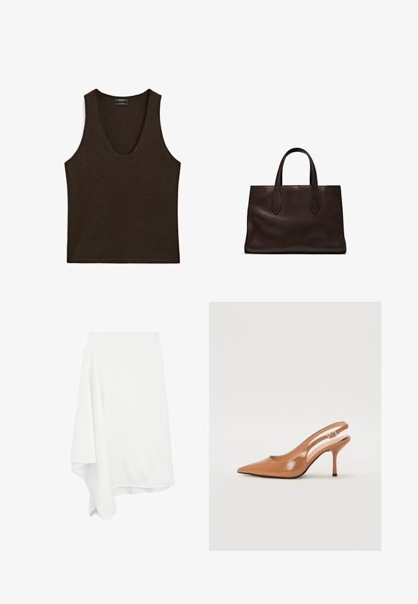 Mouwloze donkerbruine kasjmieren tanktop met ronde hals, plat gelegd.; Asymmetrische witte rok gemaakt van zachte, lichte stof; rafelafwerking aan de onderkant; gladde textuur; valt elegant aan één kant.; Puntige slingback hak in een glad, glanzend beige materiaal. Bevat een gebogen uitsnijdontwerp en een slanke stiletto hak. Zilveren gesp detail.; Bruine leren tote bag met twee verlengde handvatten, gestructureerde rechthoekige vorm, gladde textuur en subtiele stiksels.