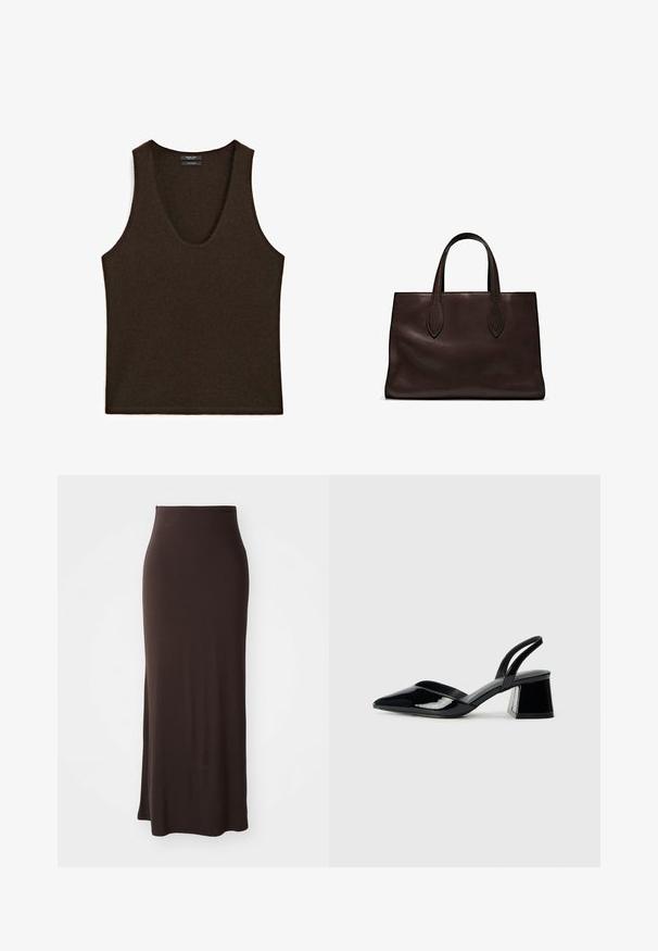 Bezrukávový tmavě hnědý kašmírový top s výstřihem do U, položený na rovné ploše.; Dlouhá, přiléhavá hnědá sukně vyrobená z hladké, elastické tkaniny s vysokým pasem a bočním rozparkem, která nabízí elegantní siluetu.; Černé lakované kožené lodičky na pásku s špičatou špičkou a geometrickým blokovým podpatkem. Vyznačují se elegantním, minimalistickým designem a hladkým povrchem.; Hnědá kožená taška přes rameno s dvěma dlouhými uchy, strukturální obdélníkový tvar, hladká textura a jemné švy.
