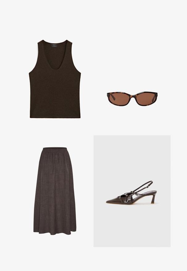 Débardeur sans manches en cachemire marron foncé avec encolure arrondie, posé à plat.; Jupe maxi marron foncé, en tissu texturé avec une taille élastique. Silhouette large et fluide sans motifs ni accents visibles.; Escarpin en cuir verni marron à talon slingback avec un bout pointu, des brides ajustables et des boucles décoratives à l'avant. Hauteur de talon de 3 pouces.; Lunettes de soleil écaille de tortue avec des verres marron, forme ovale élégante et finition brillante. Présente des accents argentés discrets sur les montures.; Sac tote en cuir marron avec deux poignées allongées, forme rectangulaire structurée, texture lisse et détails de couture subtils.